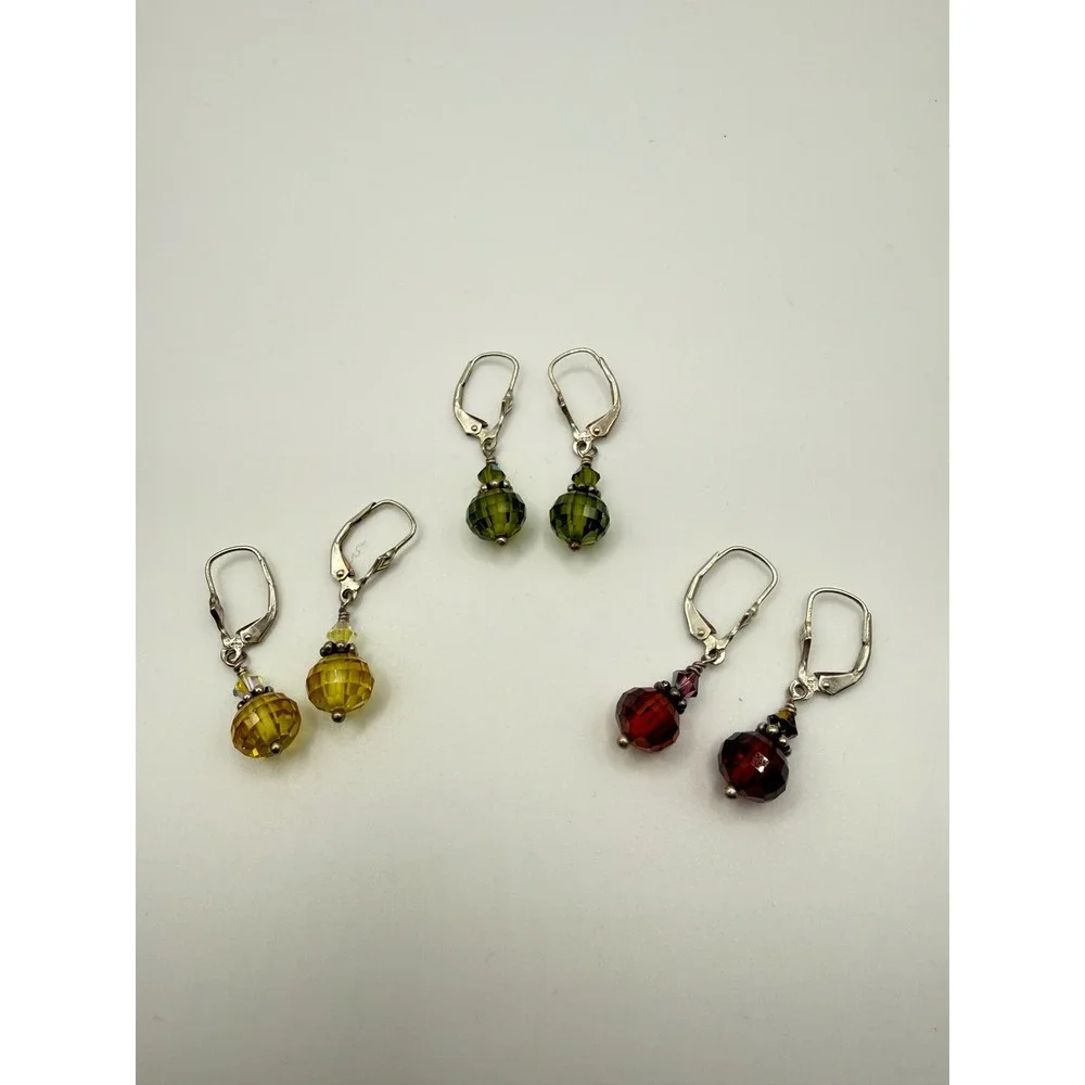 Set of 3 Sterling Silver 925 Faceted Crystal Leverback Earrings Yellow Green Red